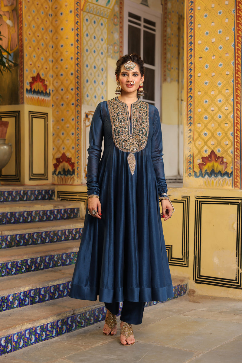 Ahista Blue Kalidaar Set silk chanderi kurta/kurta set by Niti Bothra in blue for women Worldwide