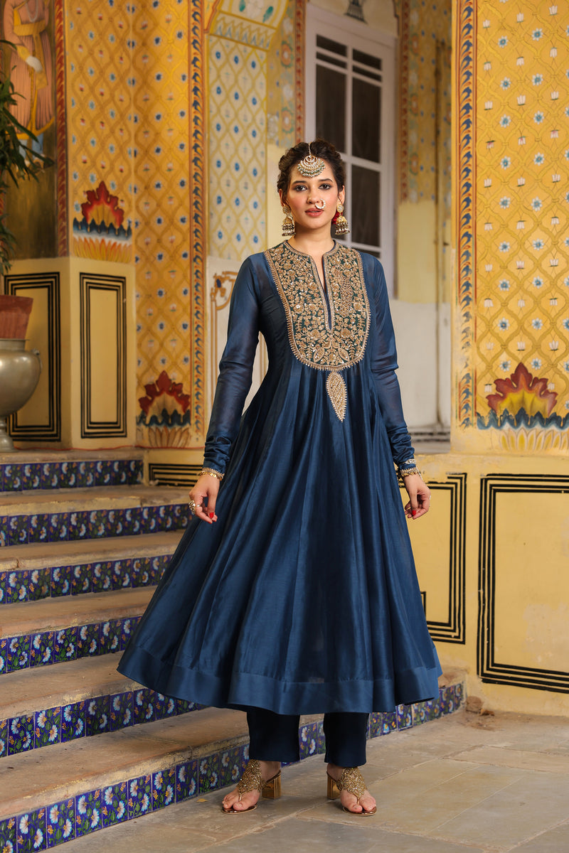 Ahista Blue Kalidaar Set silk chanderi kurta/kurta set by Niti Bothra in blue for women Worldwide