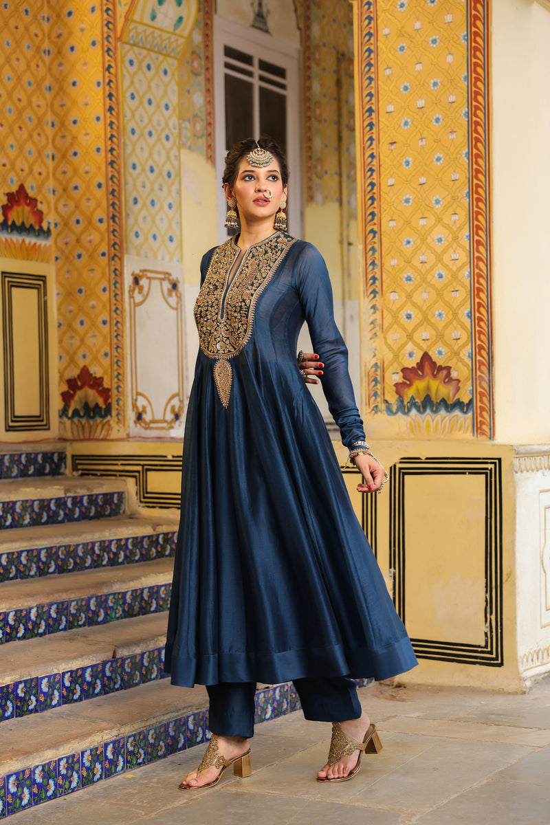 Ahista Blue Kalidaar Set silk chanderi kurta/kurta set by Niti Bothra in blue for women Worldwide