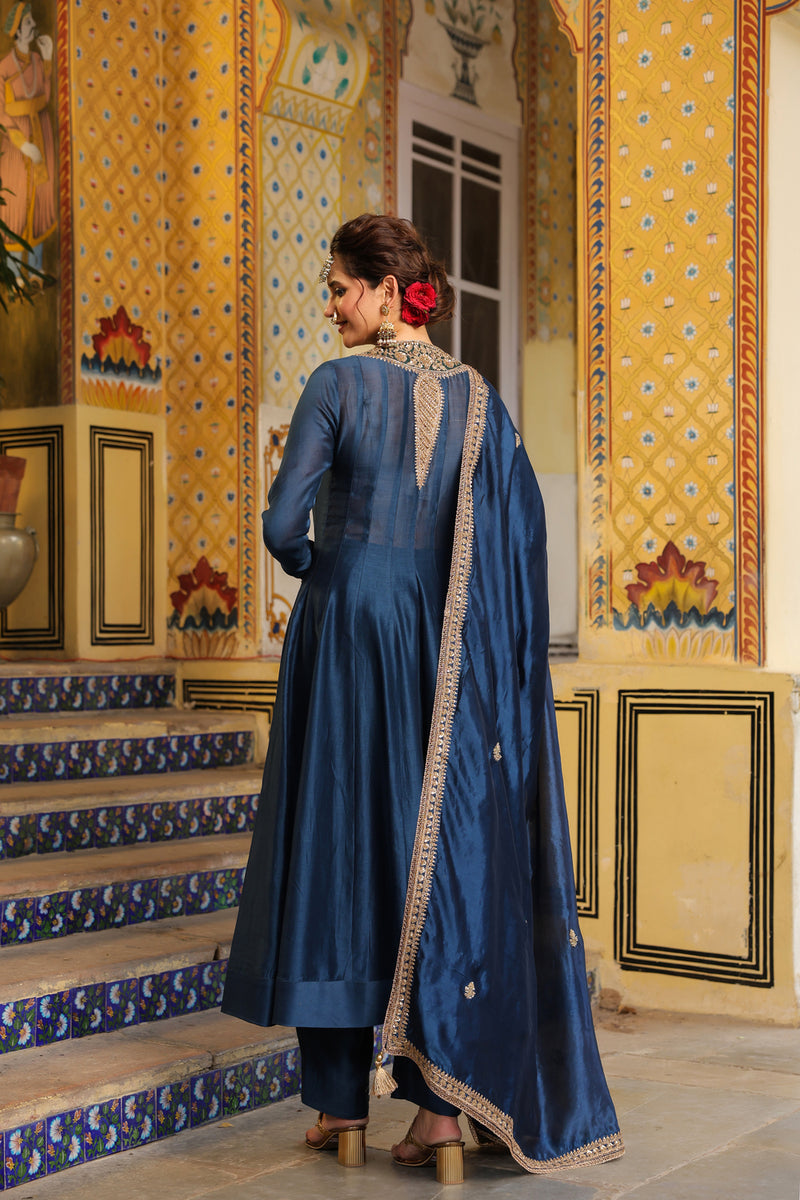 Ahista Blue Kalidaar Set silk chanderi kurta/kurta set by Niti Bothra in blue for women Worldwide
