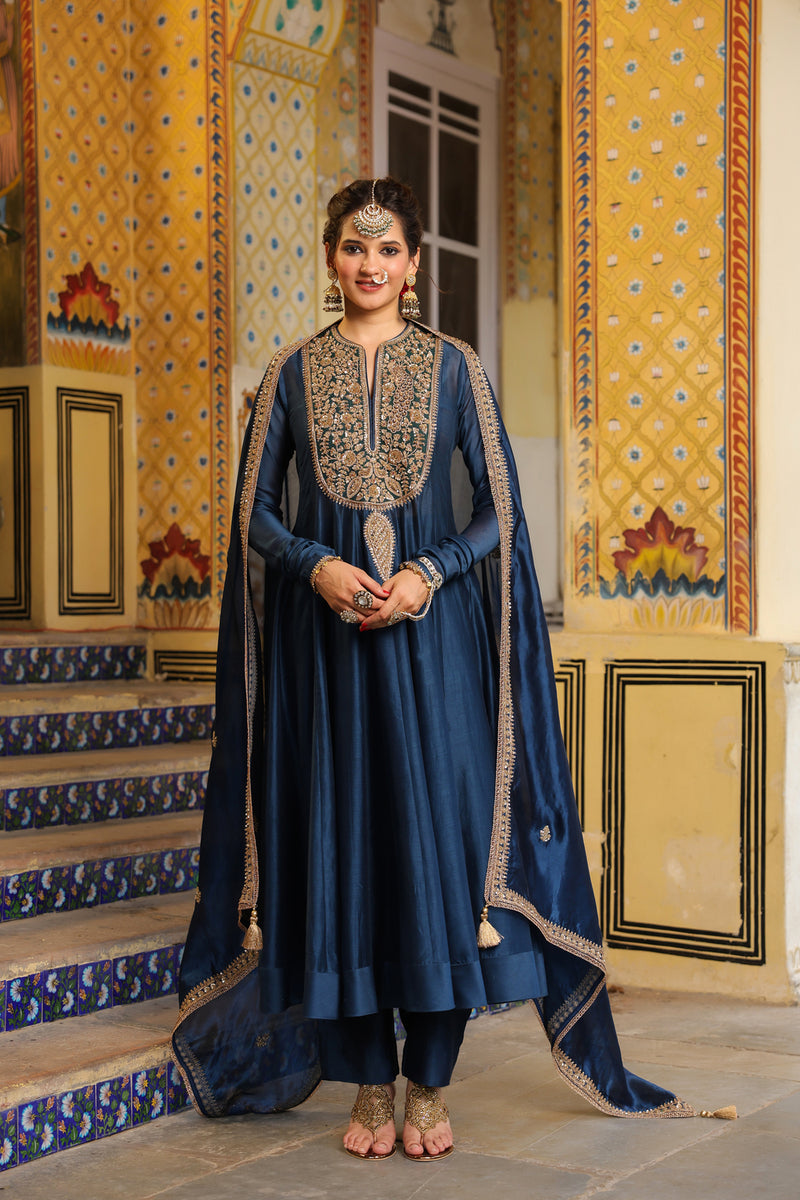 Ahista Blue Kalidaar Set silk chanderi kurta/kurta set by Niti Bothra in blue for women Worldwide