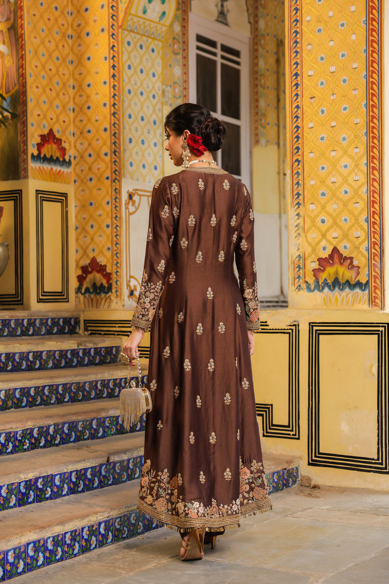 Ahista Brown Jacket Anarkali Set silk tencel kurta/kurta set by Niti Bothra in brown for women Worldwide