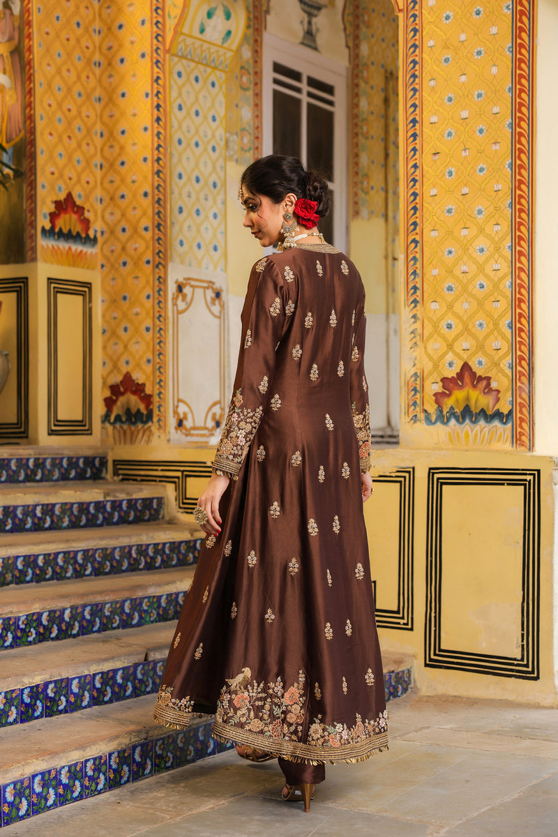 Ahista Brown Jacket Anarkali Set silk tencel kurta/kurta set by Niti Bothra in brown for women Worldwide