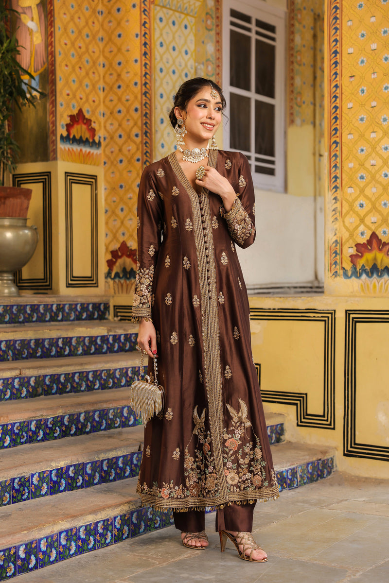 Ahista Brown Jacket Anarkali Set silk tencel kurta/kurta set by Niti Bothra in brown for women Worldwide