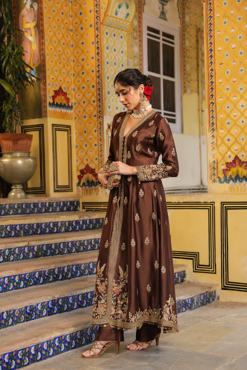 Ahista Brown Jacket Anarkali Set silk tencel kurta/kurta set by Niti Bothra in brown for women Worldwide