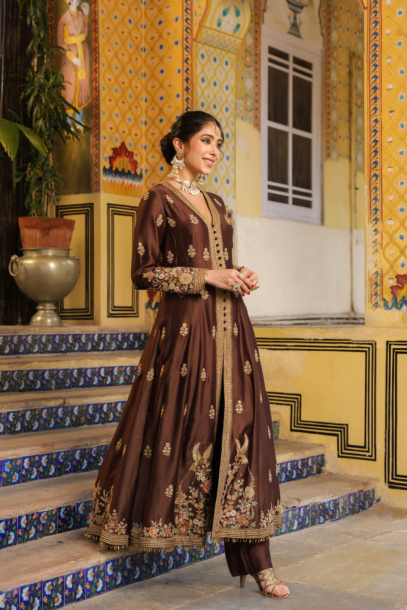 Ahista Brown Jacket Anarkali Set silk tencel kurta/kurta set by Niti Bothra in brown for women Worldwide