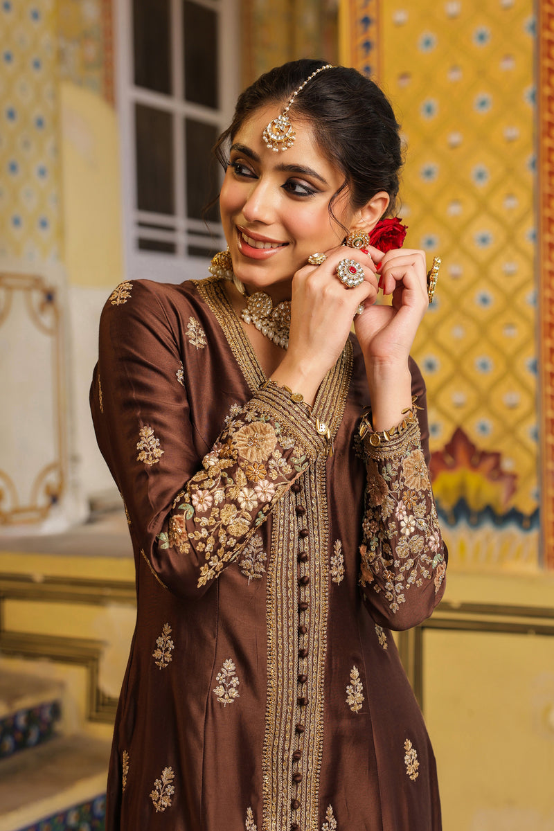 Ahista Brown Jacket Anarkali Set silk tencel kurta/kurta set by Niti Bothra in brown for women Worldwide