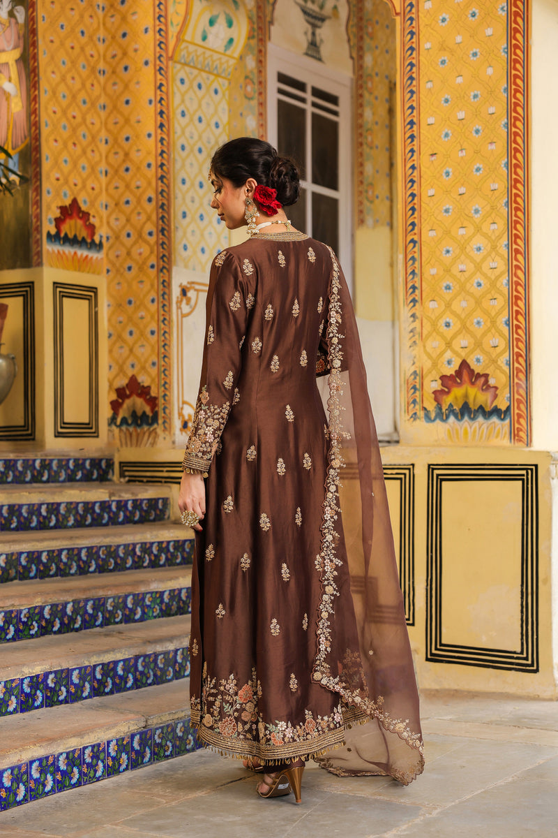 Ahista Brown Jacket Anarkali Set silk tencel kurta/kurta set by Niti Bothra in brown for women Worldwide