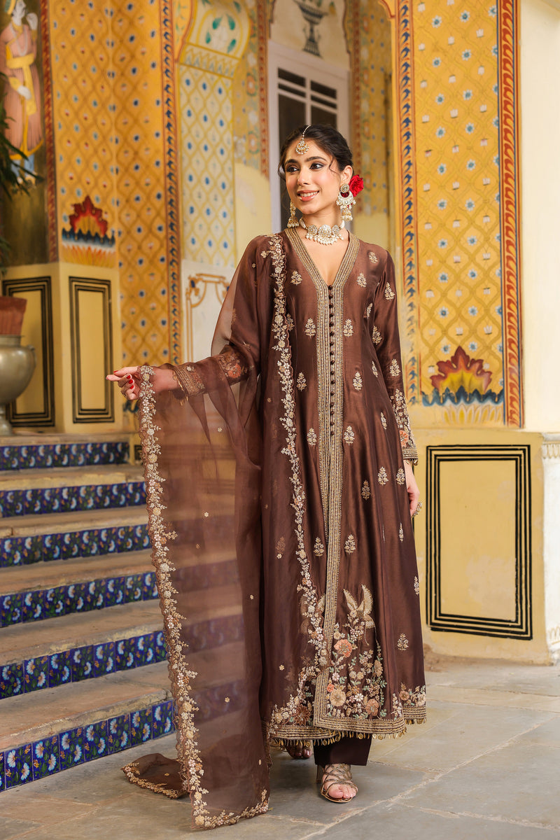 Ahista Brown Jacket Anarkali Set silk tencel kurta/kurta set by Niti Bothra in brown for women Worldwide