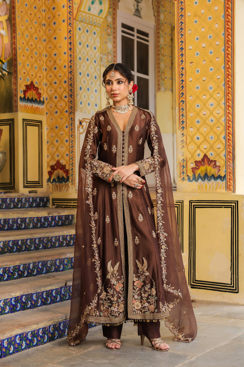Ahista Brown Jacket Anarkali Set silk tencel kurta/kurta set by Niti Bothra in brown for women Worldwide