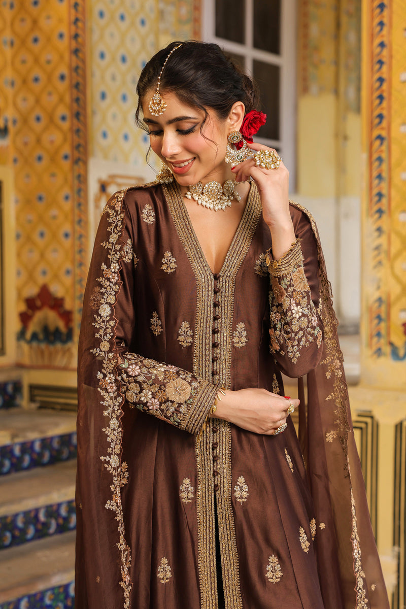 Ahista Brown Jacket Anarkali Set silk tencel kurta/kurta set by Niti Bothra in brown for women Worldwide