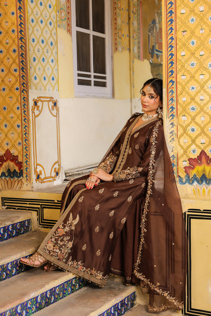 Ahista Brown Jacket Anarkali Set silk tencel kurta/kurta set by Niti Bothra in brown for women Worldwide