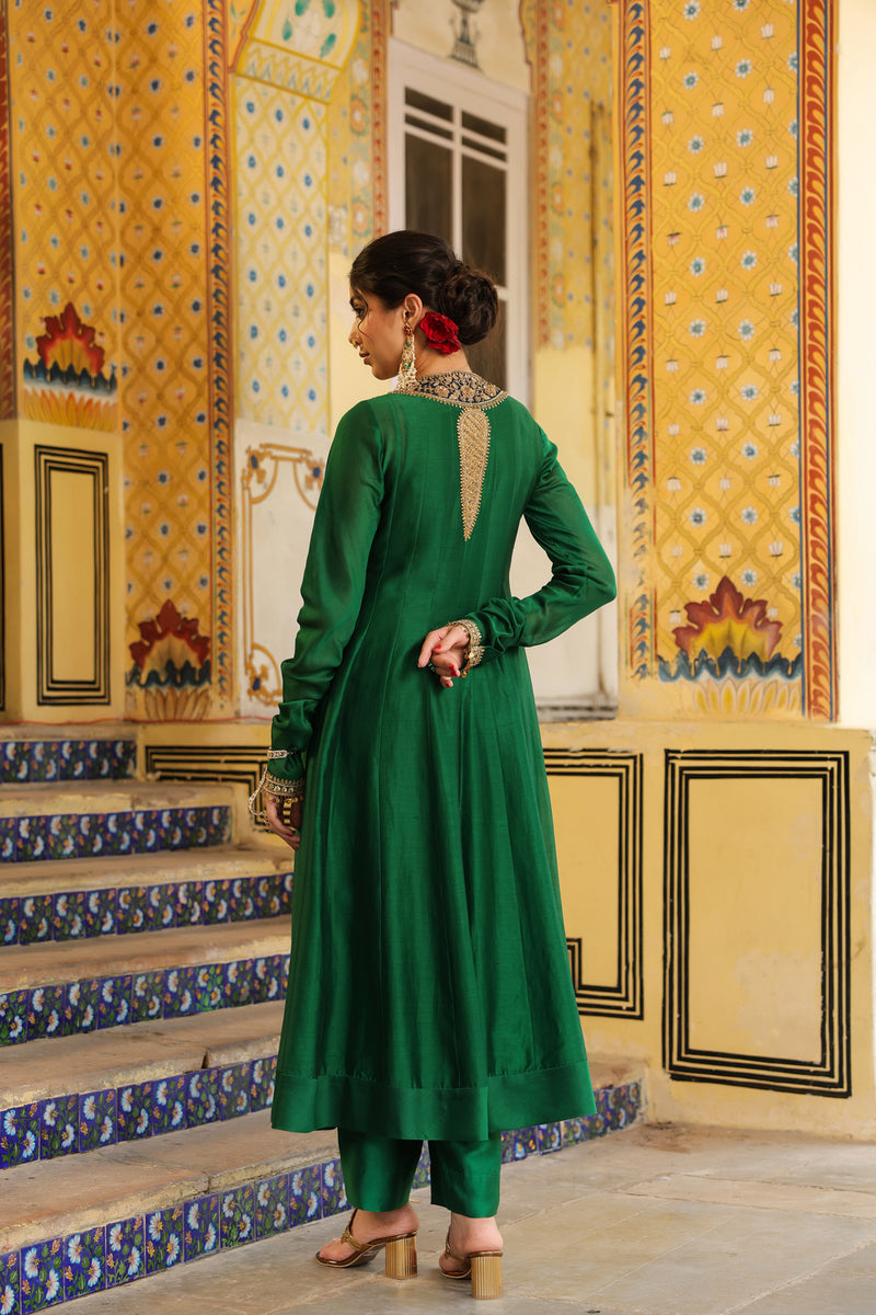 Ahista Green Kalidaar Set silk chanderi kurta/kurta set by Niti Bothra in green for women Worldwide