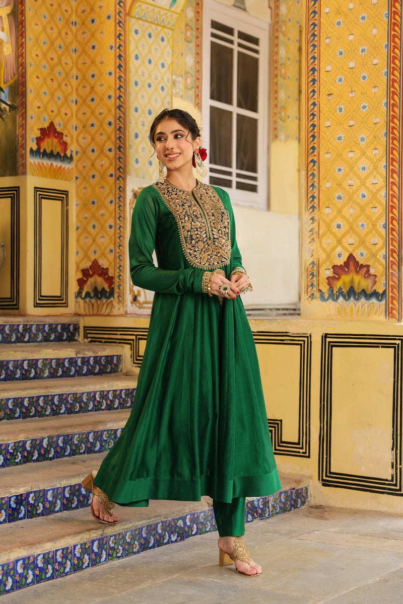 Ahista Green Kalidaar Set silk chanderi kurta/kurta set by Niti Bothra in green for women Worldwide