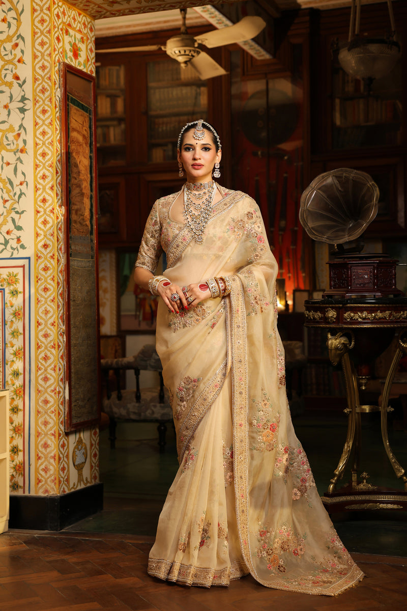 Ahista Ivory Mayur Applique Saree Set organza & chiniya silk saree by Niti Bothra in ivory for women Worldwide