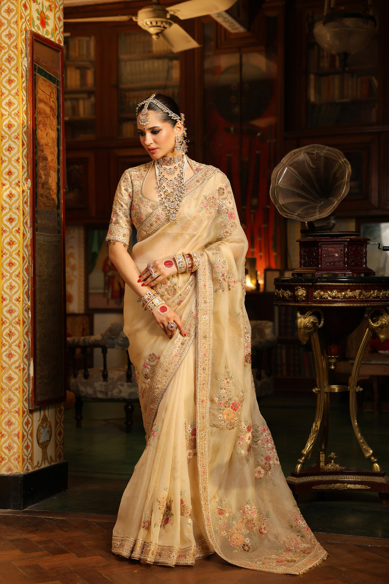 Ahista Ivory Mayur Applique Saree Set organza & chiniya silk saree by Niti Bothra in ivory for women Worldwide