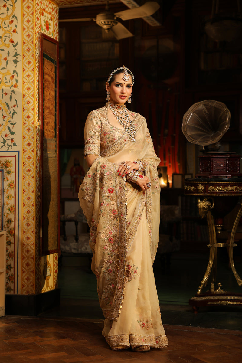 Ahista Ivory Mayur Applique Saree Set organza & chiniya silk saree by Niti Bothra in ivory for women Worldwide