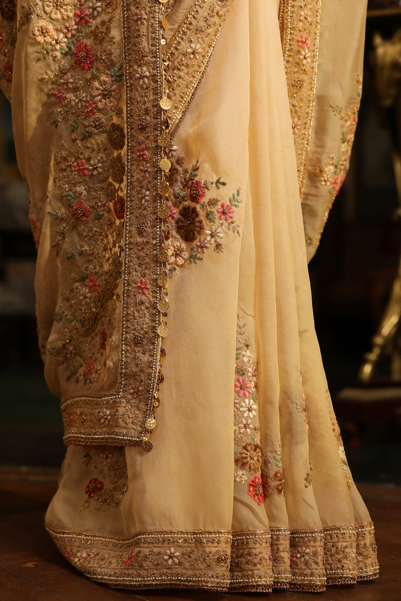 Ahista Ivory Mayur Applique Saree Set organza & chiniya silk saree by Niti Bothra in ivory for women Worldwide