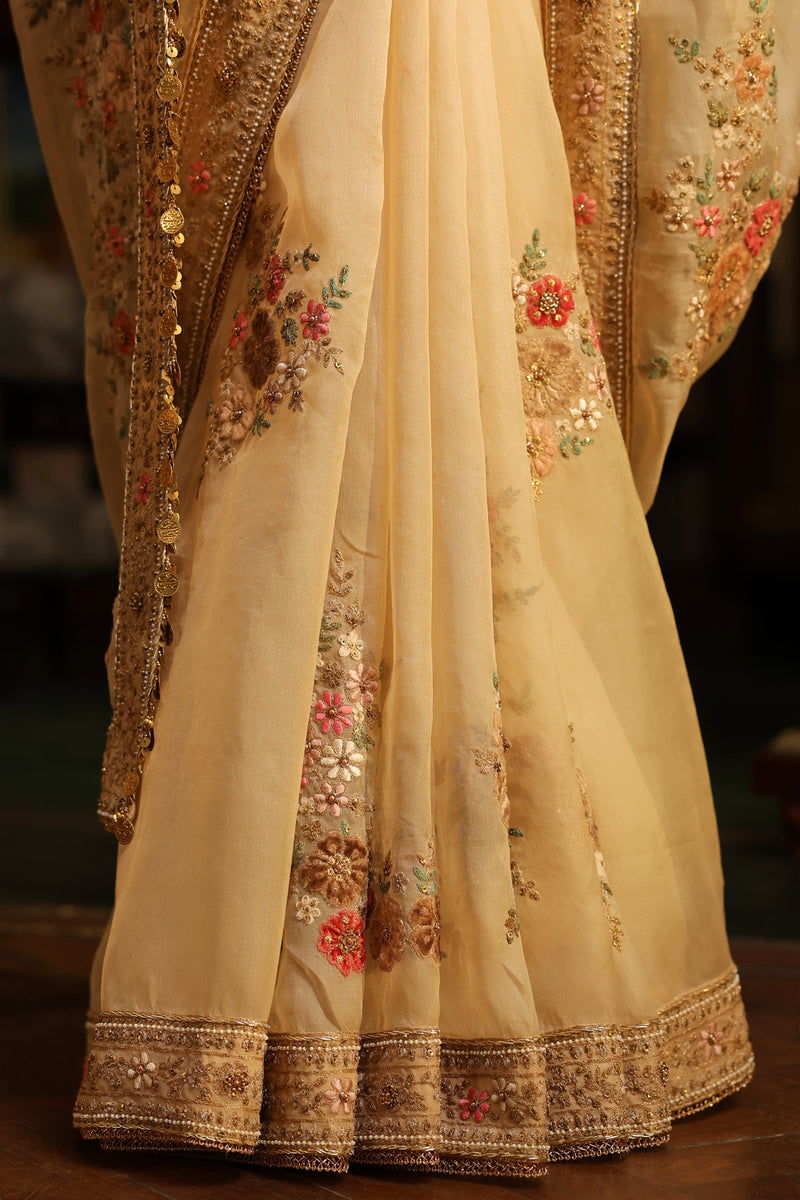 Ahista Ivory Mayur Applique Saree Set organza & chiniya silk saree by Niti Bothra in ivory for women Worldwide