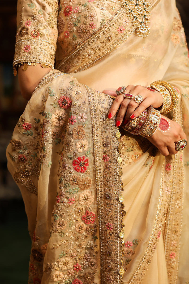 Ahista Ivory Mayur Applique Saree Set organza & chiniya silk saree by Niti Bothra in ivory for women Worldwide