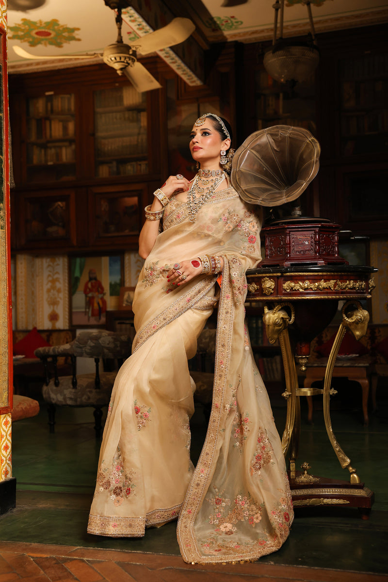 Ahista Ivory Mayur Applique Saree Set organza & chiniya silk saree by Niti Bothra in ivory for women Worldwide