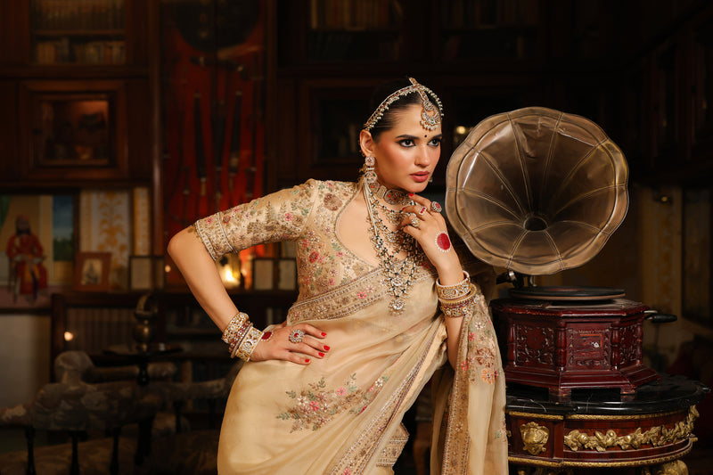 Ahista Ivory Mayur Applique Saree Set organza & chiniya silk saree by Niti Bothra in ivory for women Worldwide