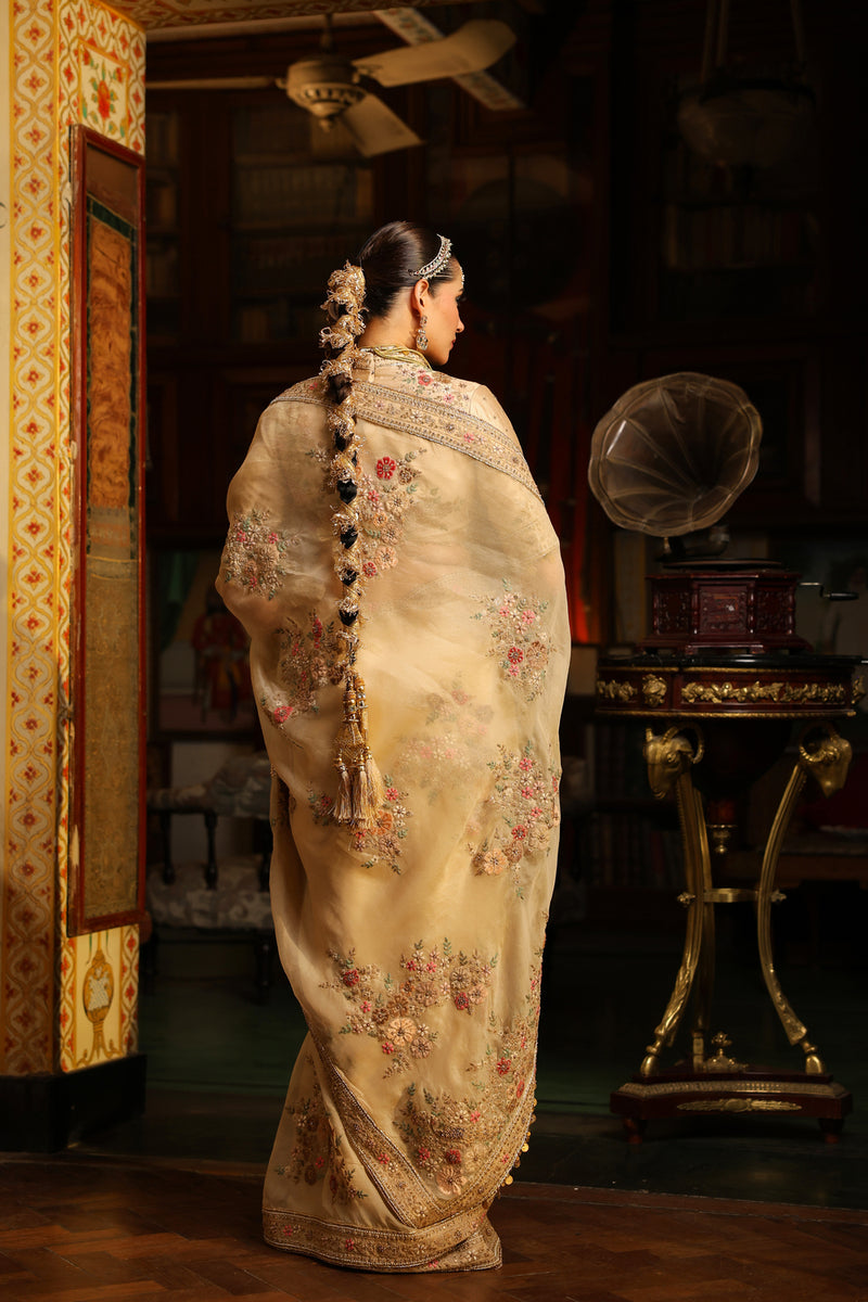 Ahista Ivory Mayur Applique Saree Set organza & chiniya silk saree by Niti Bothra in ivory for women Worldwide