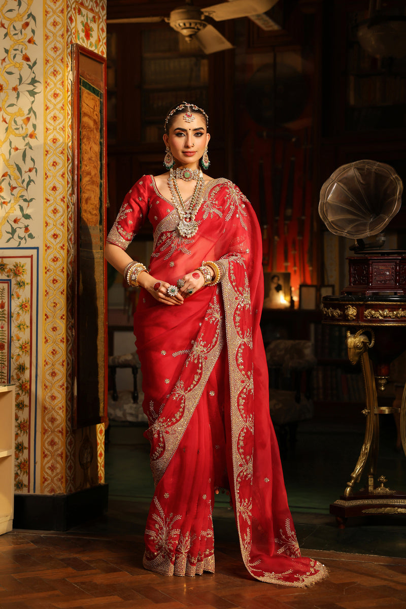 Ahista Red Zardosi Saree Set organza & chiniya silk saree by Niti Bothra in red for women Worldwide
