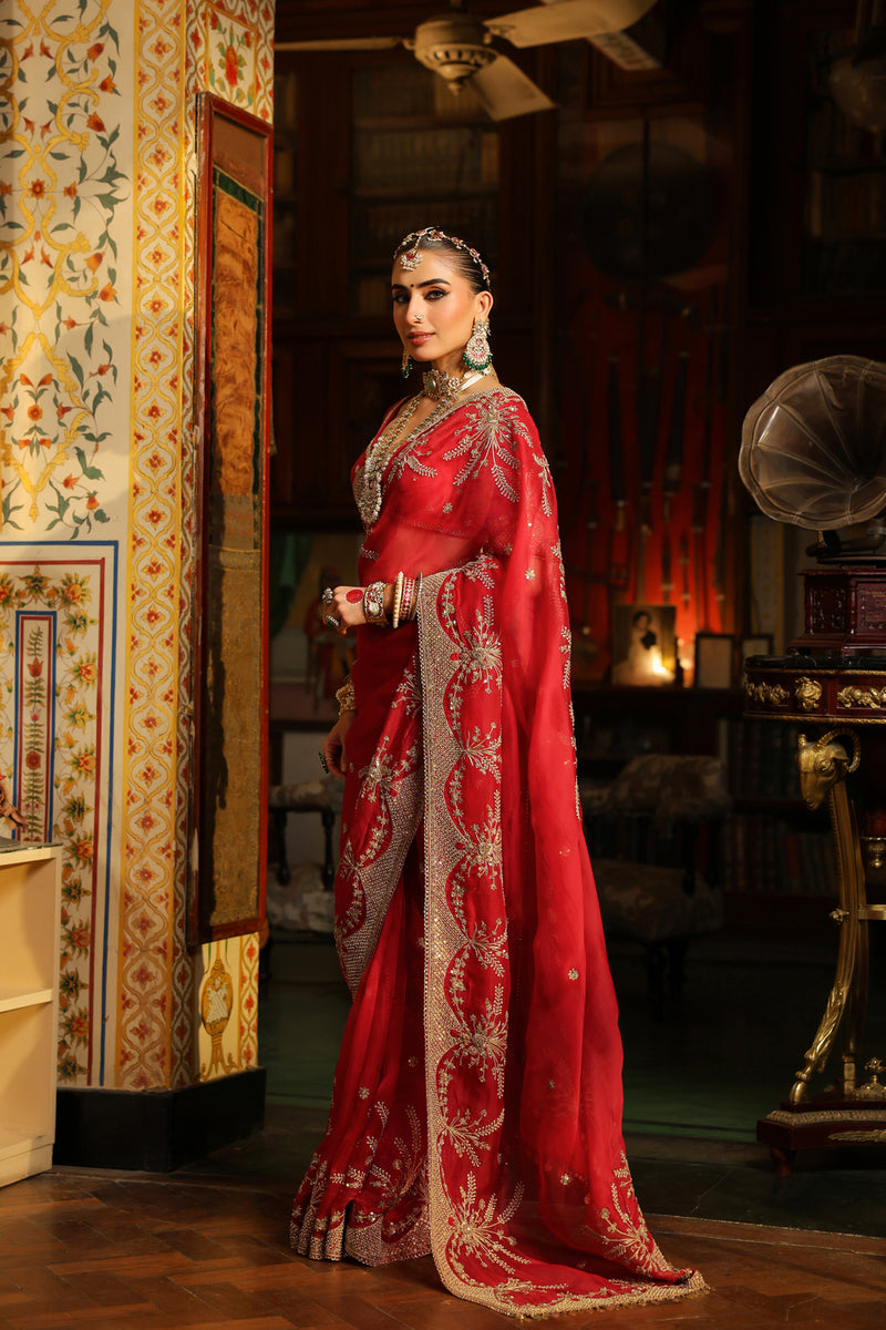 Ahista Red Zardosi Saree Set organza & chiniya silk saree by Niti Bothra in red for women Worldwide