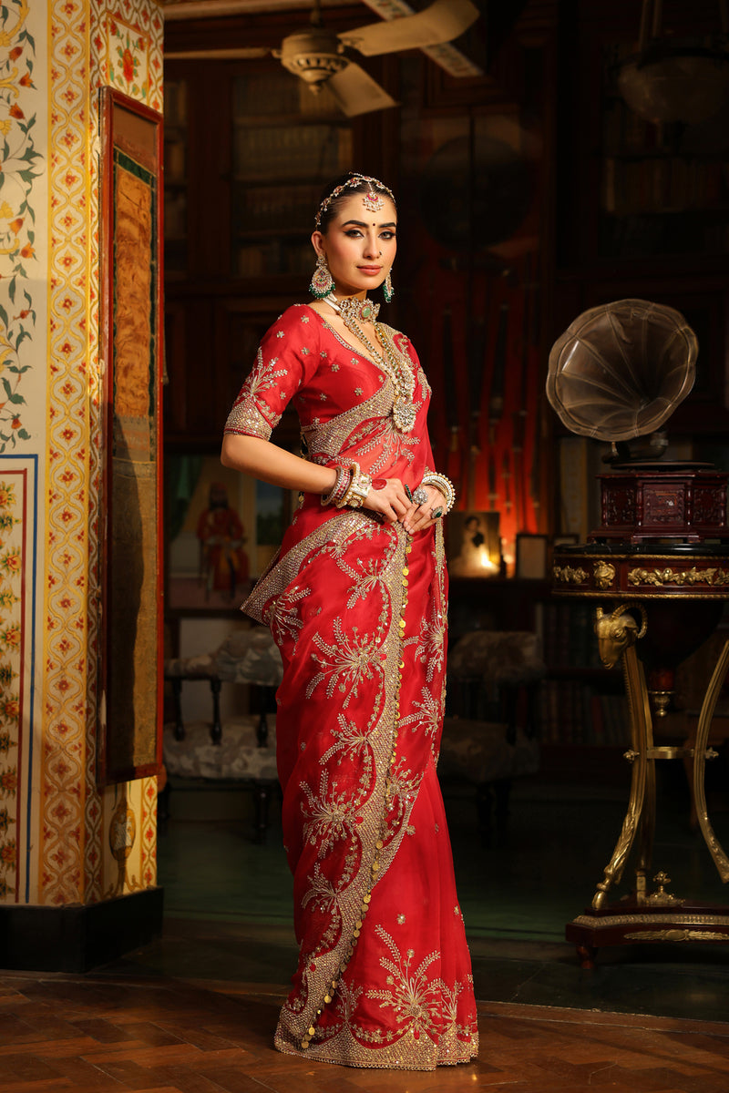 Ahista Red Zardosi Saree Set organza & chiniya silk saree by Niti Bothra in red for women Worldwide