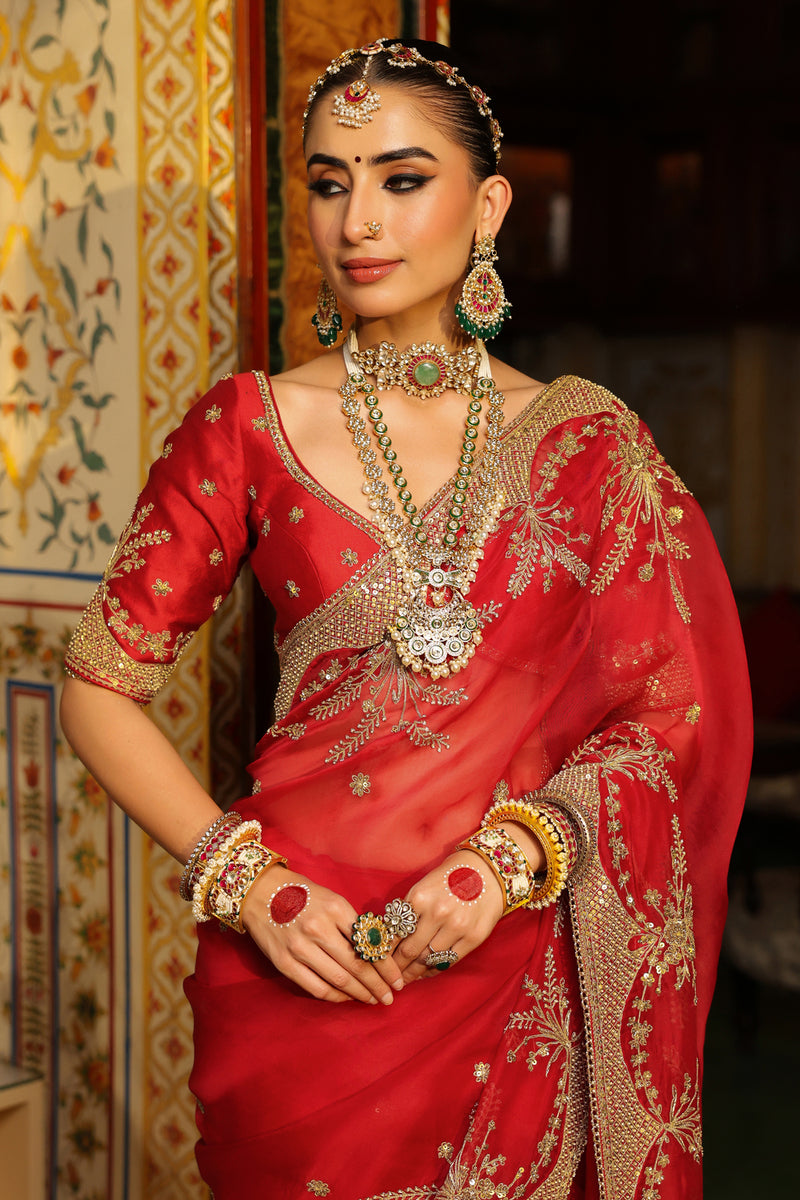 Ahista Red Zardosi Saree Set organza & chiniya silk saree by Niti Bothra in red for women Worldwide