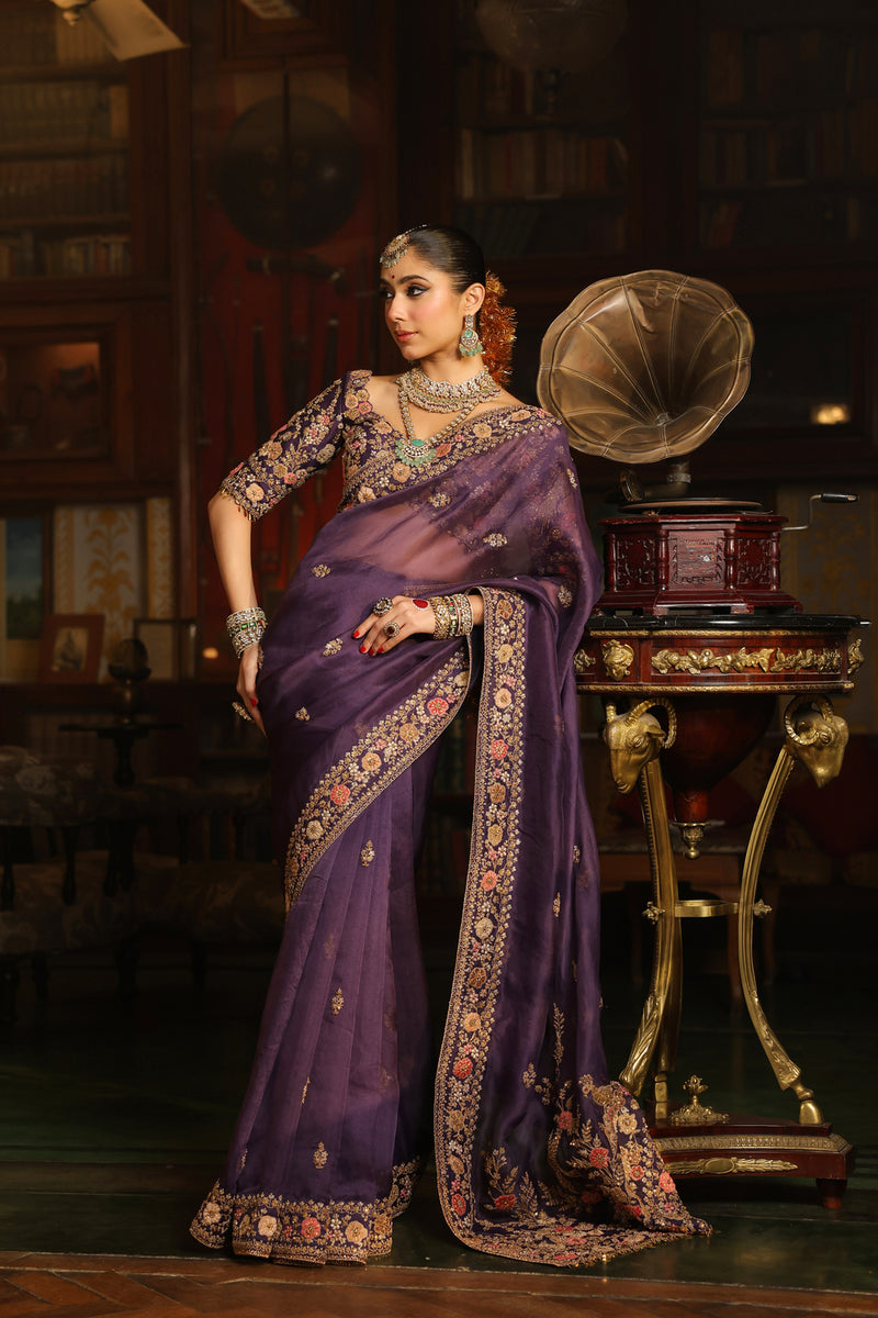 Ahista Purple Mayur Applique Border Saree Set organza & chiniya silk saree by Niti Bothra in purple for women Worldwide