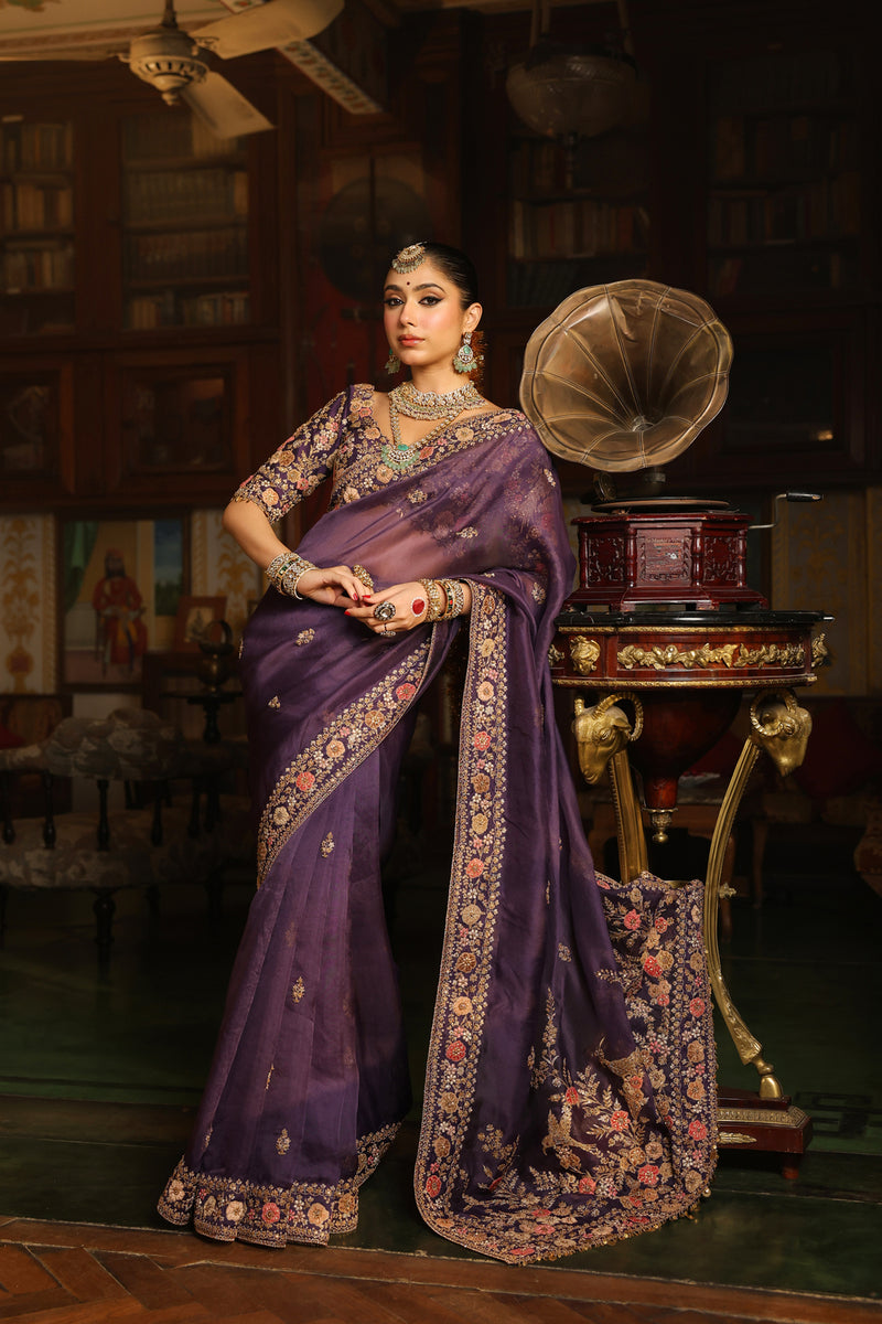 Ahista Purple Mayur Applique Border Saree Set organza & chiniya silk saree by Niti Bothra in purple for women Worldwide