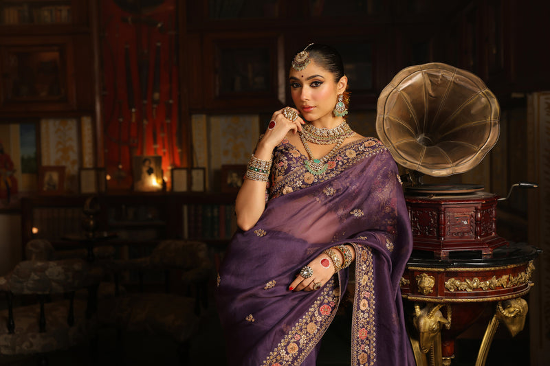 Ahista Purple Mayur Applique Border Saree Set organza & chiniya silk saree by Niti Bothra in purple for women Worldwide