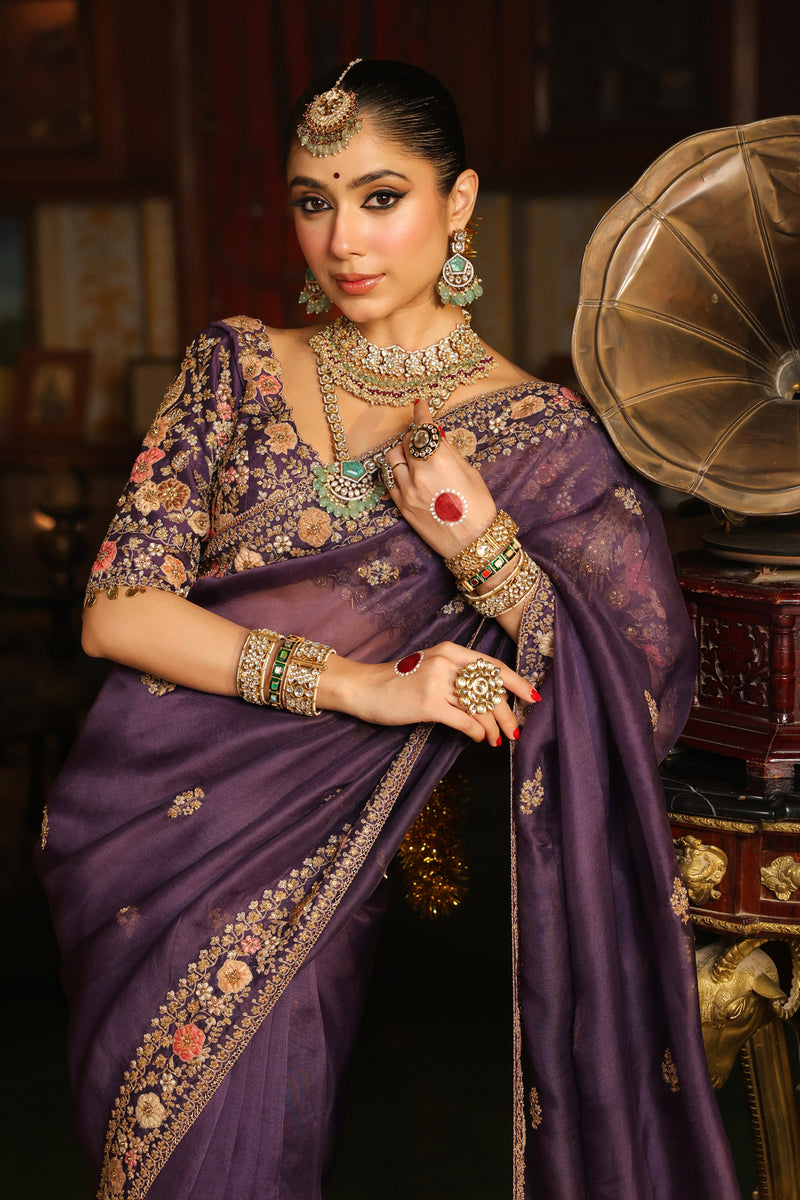 Ahista Purple Mayur Applique Border Saree Set organza & chiniya silk saree by Niti Bothra in purple for women Worldwide