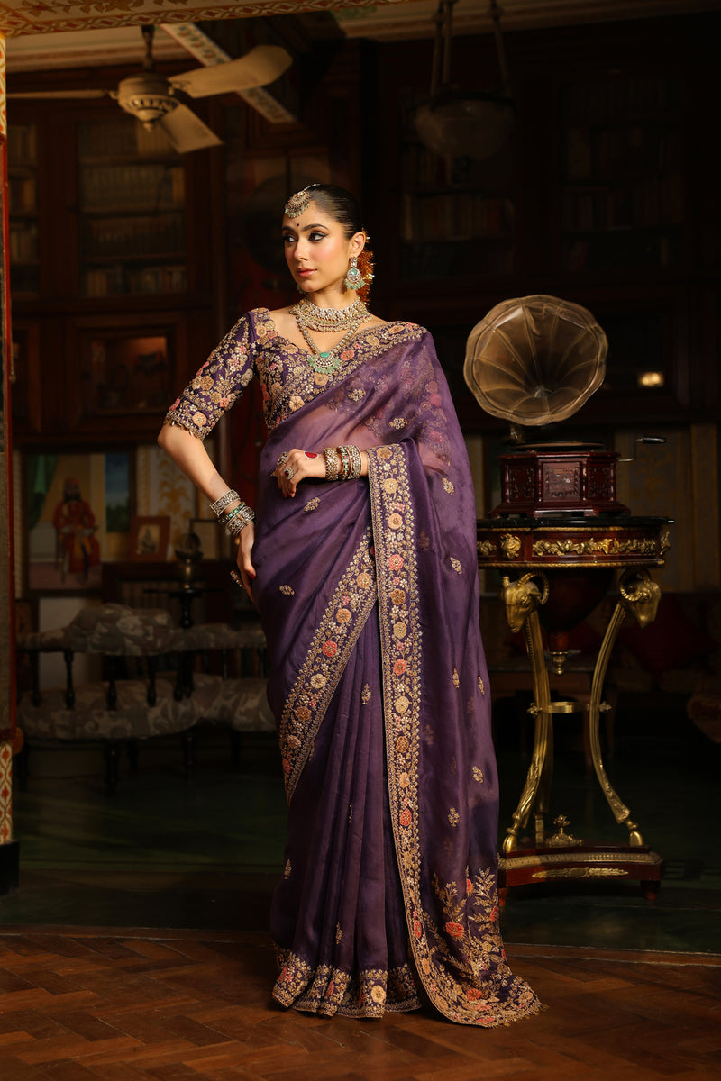 Ahista Purple Mayur Applique Border Saree Set organza & chiniya silk saree by Niti Bothra in purple for women Worldwide