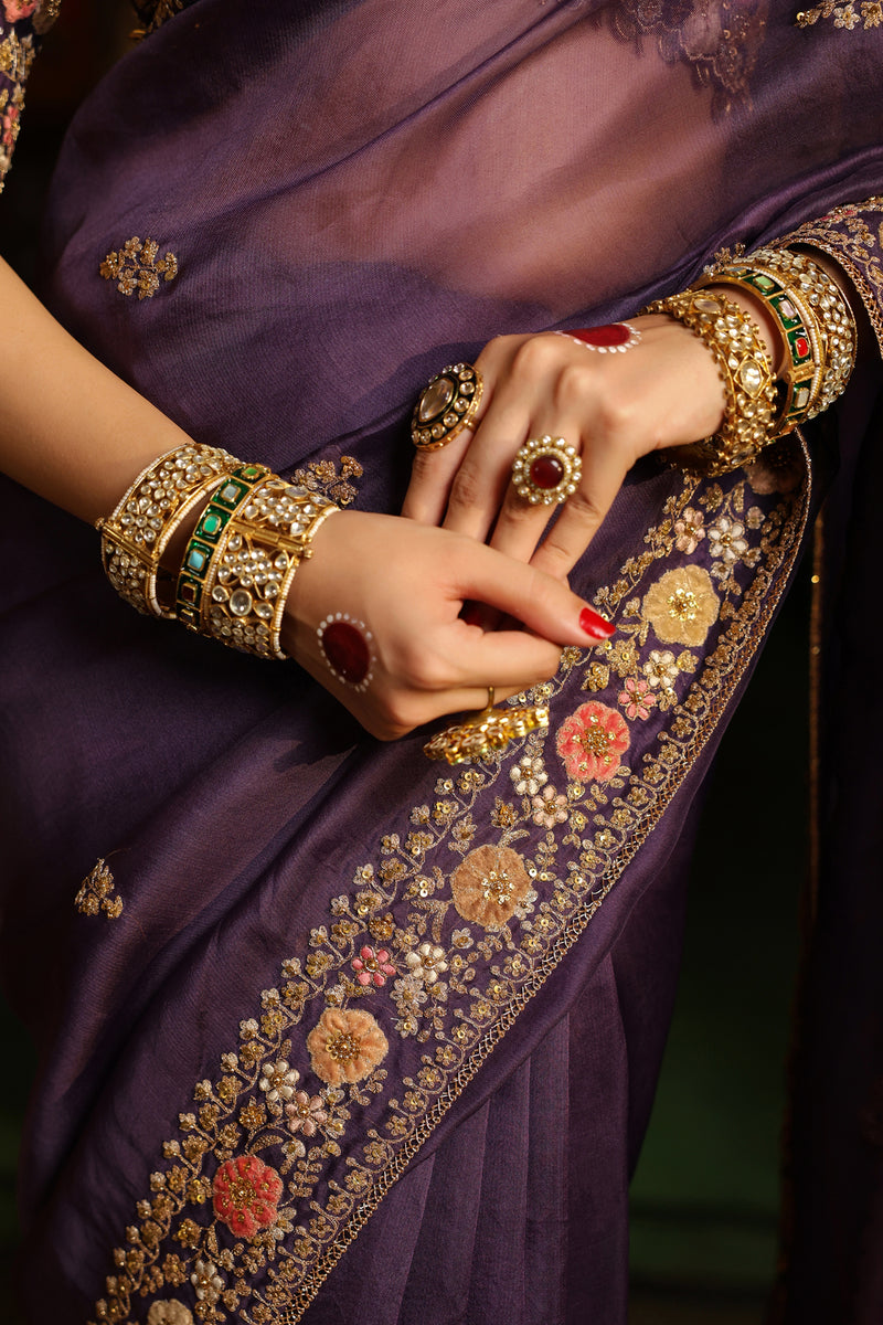 Ahista Purple Mayur Applique Border Saree Set organza & chiniya silk saree by Niti Bothra in purple for women Worldwide