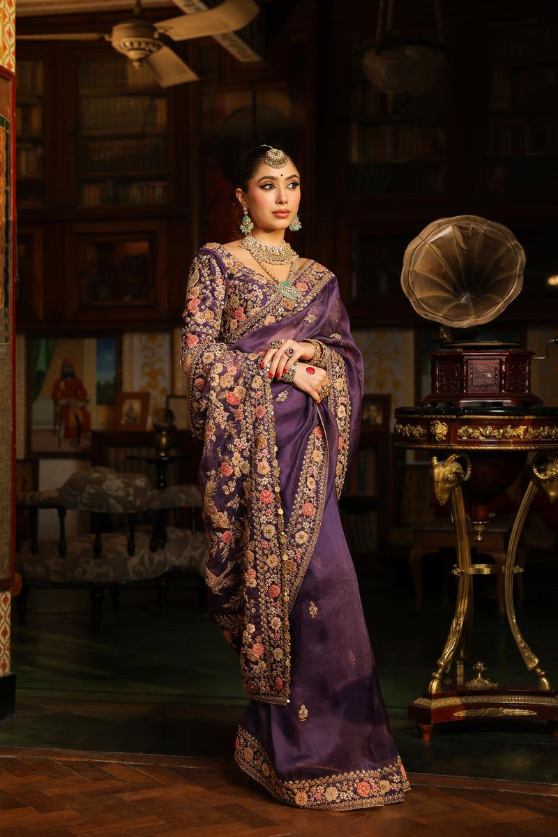 Ahista Purple Mayur Applique Border Saree Set organza & chiniya silk saree by Niti Bothra in purple for women Worldwide