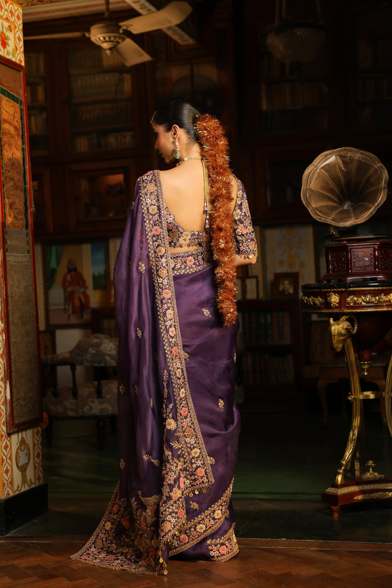 Ahista Purple Mayur Applique Border Saree Set organza & chiniya silk saree by Niti Bothra in purple for women Worldwide