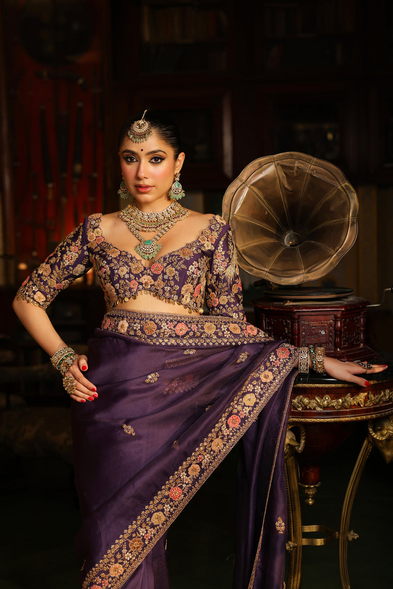 Ahista Purple Mayur Applique Border Saree Set organza & chiniya silk saree by Niti Bothra in purple for women Worldwide