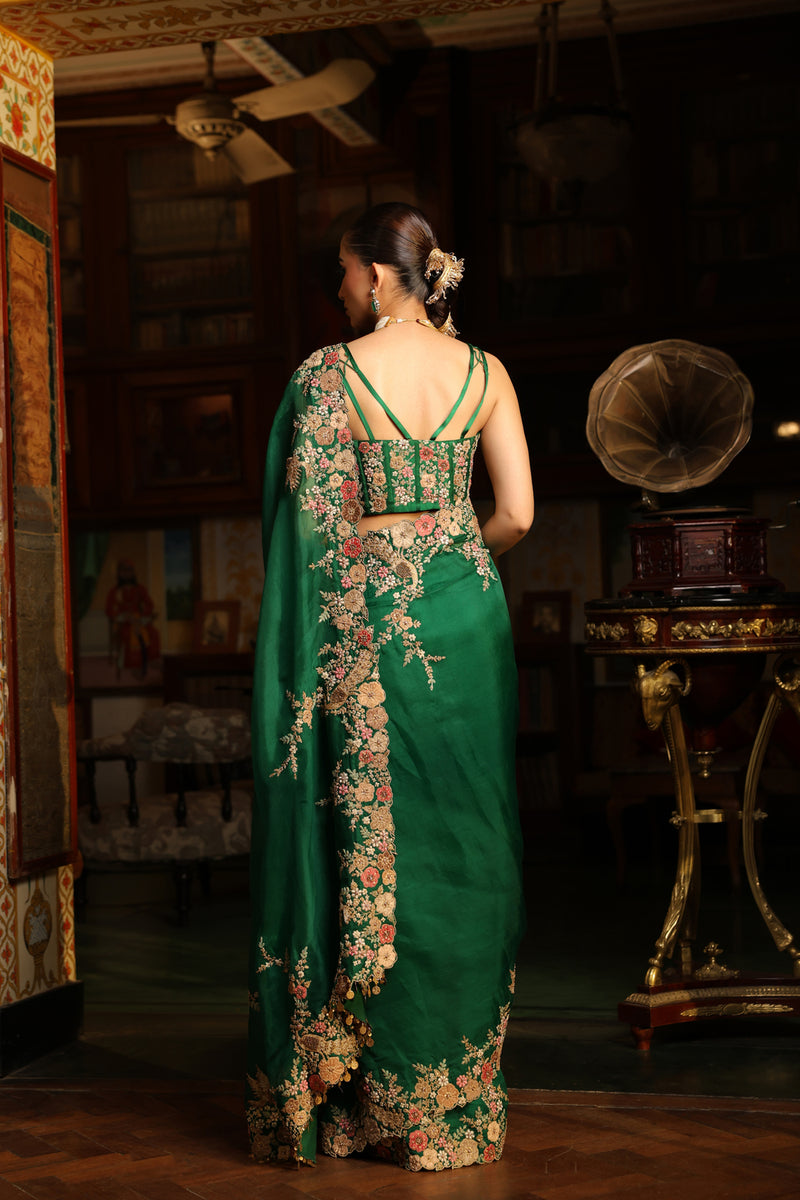 Ahista Green Mayur Applique Cutwork Saree Set organza & chiniya silk saree by Niti Bothra in green for women Worldwide