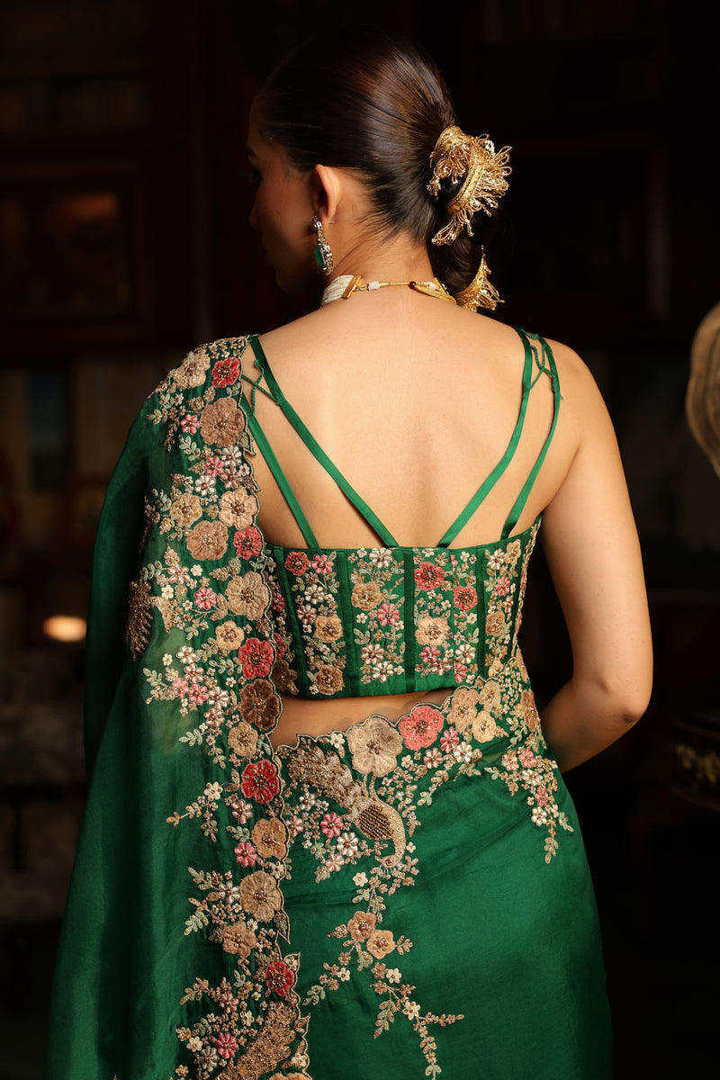 Ahista Green Mayur Applique Cutwork Saree Set organza & chiniya silk saree by Niti Bothra in green for women Worldwide