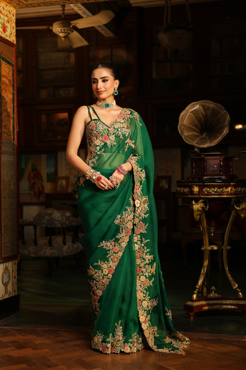 Ahista Green Mayur Applique Cutwork Saree Set organza & chiniya silk saree by Niti Bothra in green for women Worldwide