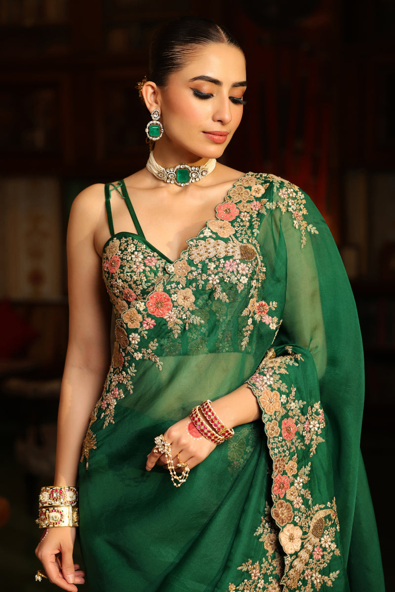 Ahista Green Mayur Applique Cutwork Saree Set organza & chiniya silk saree by Niti Bothra in green for women Worldwide