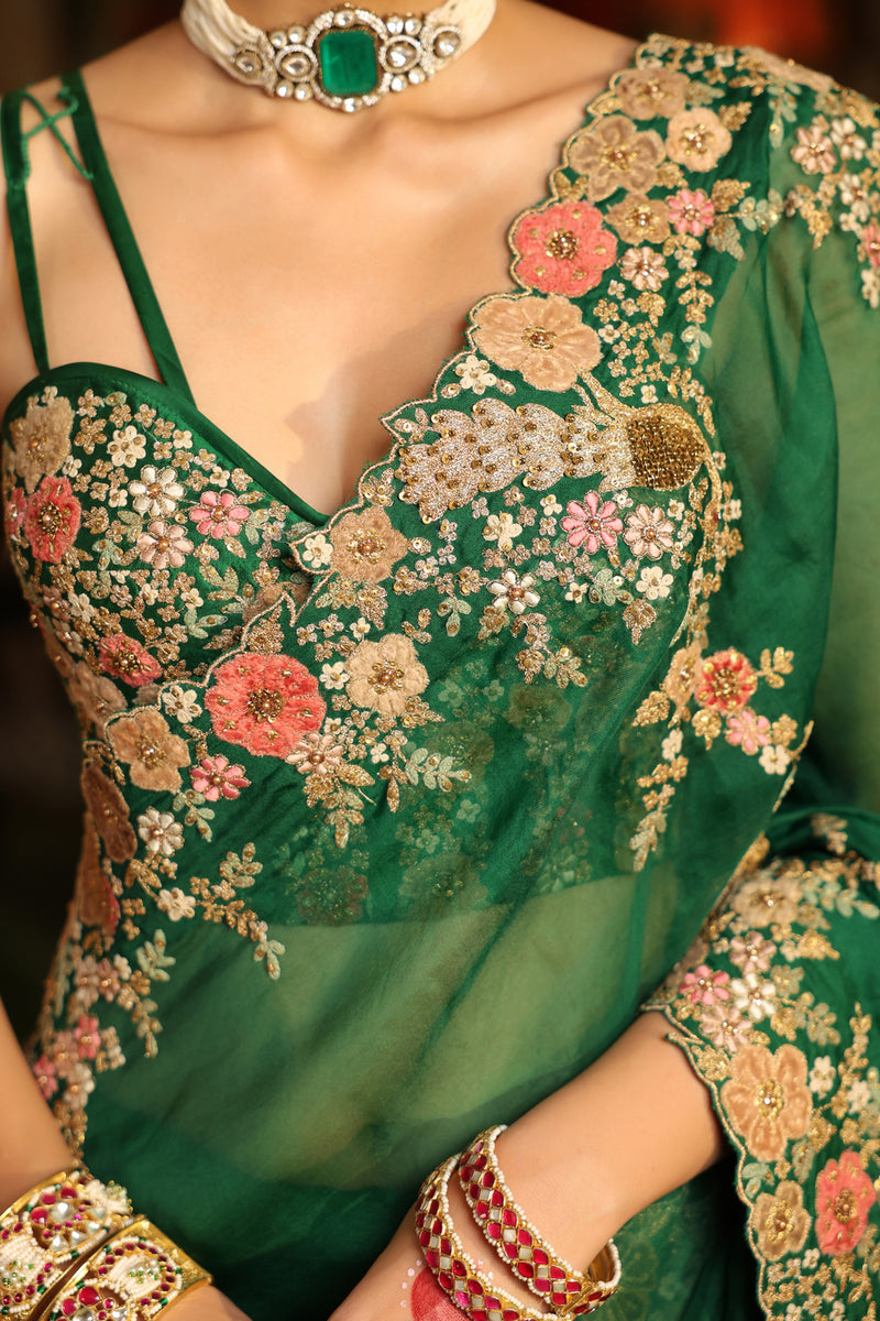 Ahista Green Mayur Applique Cutwork Saree Set organza & chiniya silk saree by Niti Bothra in green for women Worldwide