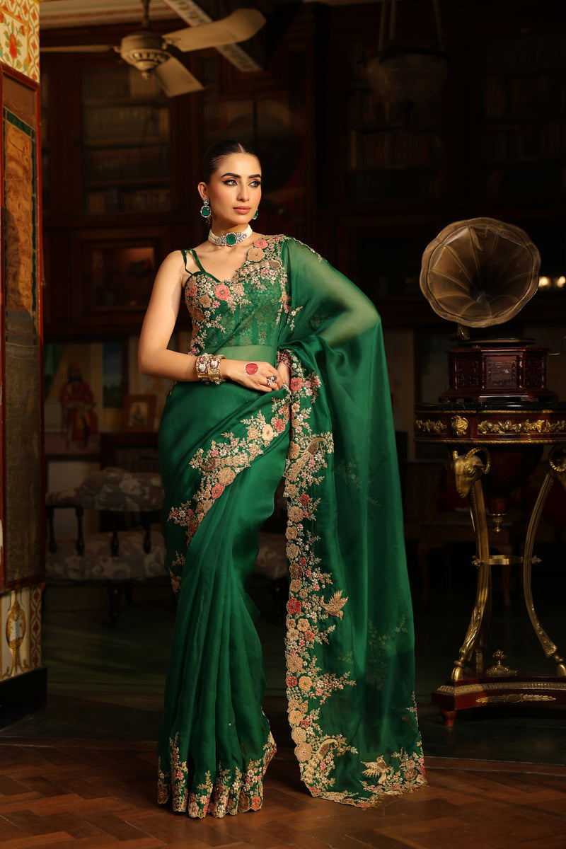 Ahista Green Mayur Applique Cutwork Saree Set organza & chiniya silk saree by Niti Bothra in green for women Worldwide