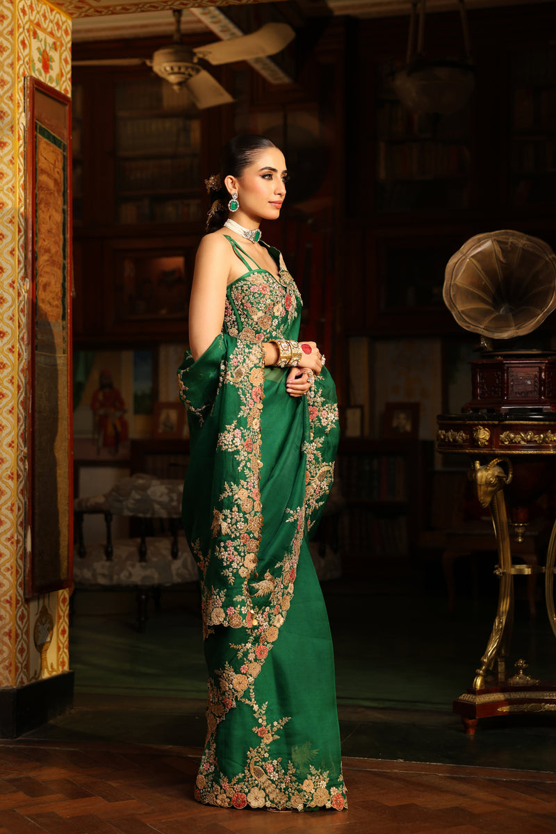 Ahista Green Mayur Applique Cutwork Saree Set organza & chiniya silk saree by Niti Bothra in green for women Worldwide