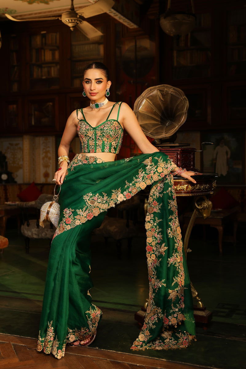 Ahista Green Mayur Applique Cutwork Saree Set organza & chiniya silk saree by Niti Bothra in green for women Worldwide