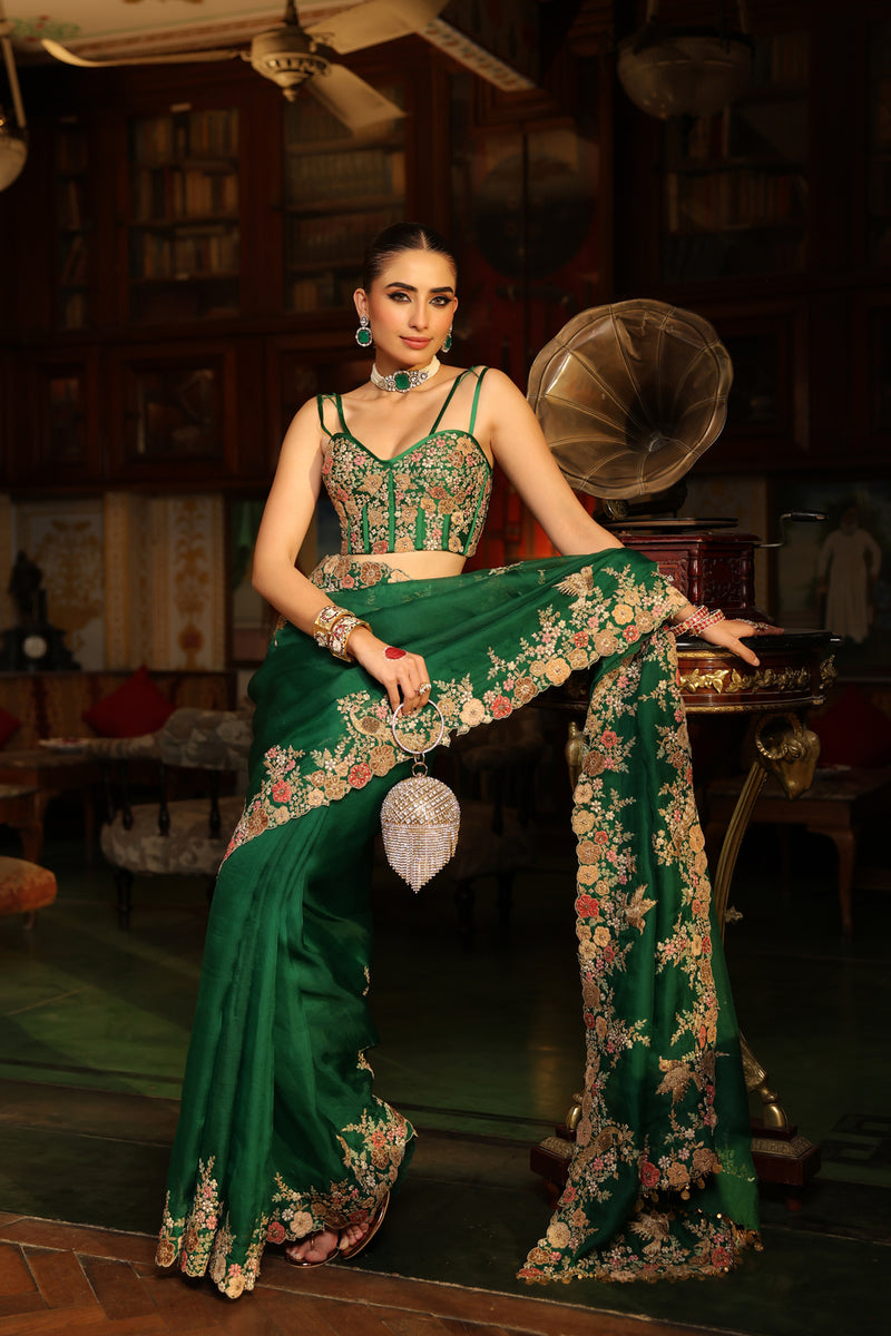 Ahista Green Mayur Applique Cutwork Saree Set organza & chiniya silk saree by Niti Bothra in green for women Worldwide