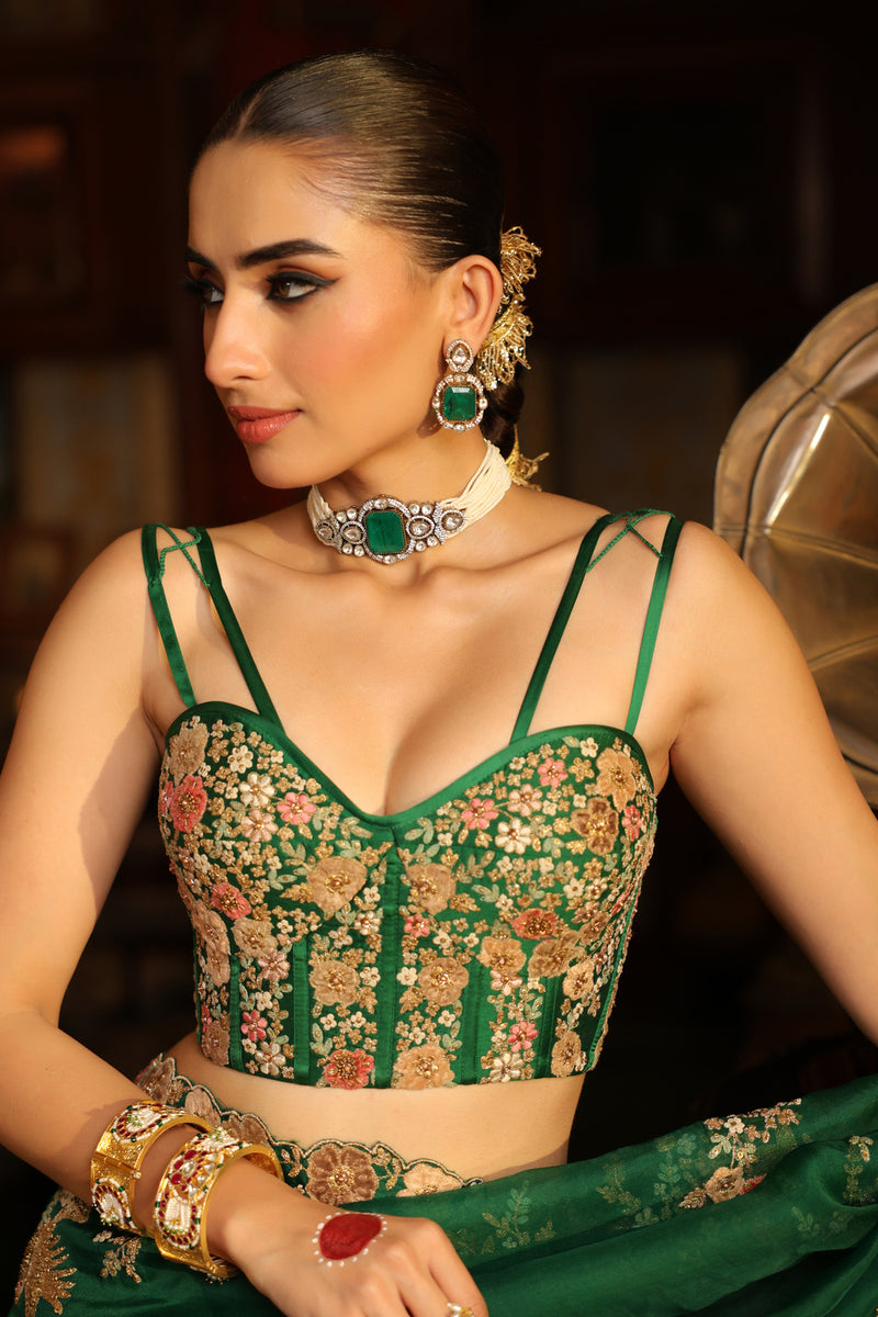 Ahista Green Mayur Applique Cutwork Saree Set organza & chiniya silk saree by Niti Bothra in green for women Worldwide